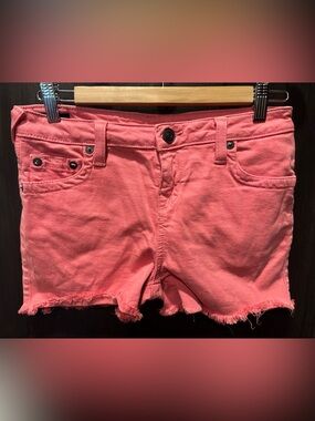 True Religion Coral Pink Girls Denim Cutoff Shorts size 16 or women’s 27